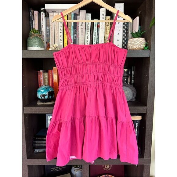 NWT LDT SAMPLE Pink Tiered Ruched Tie Front Keyhole Mini Dress Size 4 - Picture 2 of 9